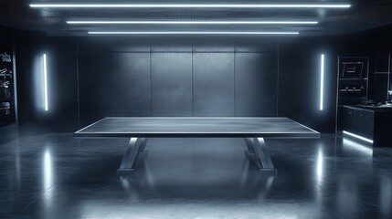 Obraz premium Sleek modern kitchen interior with a large central table and neon lighting