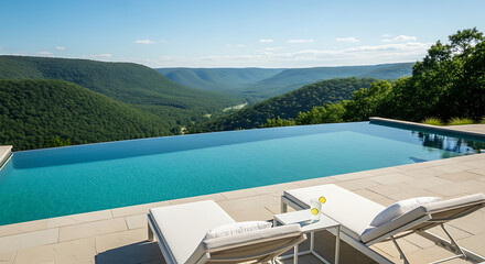 Fototapeta premium Infinity pool overlooking lush green mountains with lounge chairs and drinks on a sunny day
