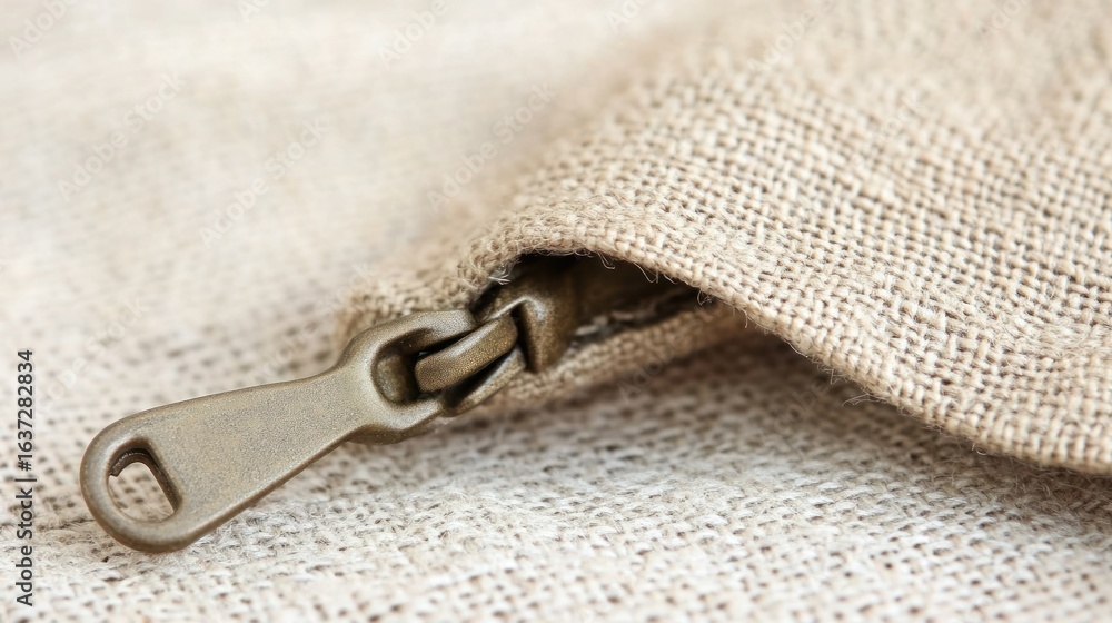 Poster close up of a beige linen fabric bag with zipper macro textile structure material