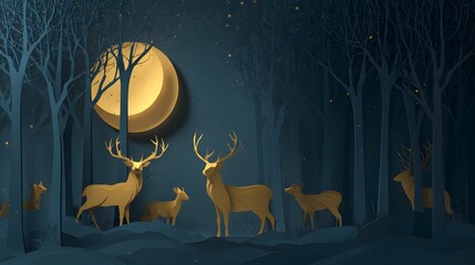 Fototapeta premium Golden deer silhouettes in a dark forest scene at night.
