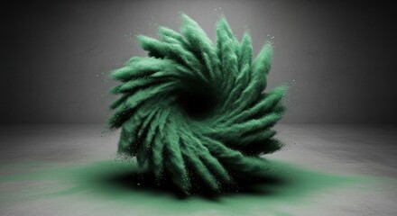 Green powder vortex on gray, swirling dust cloud explosion with dynamic motion, abstract design element for creative projects and visual effects