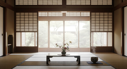 Interior of a traditional japanese room with tatami mats and shoji screens and tea ceremony setup