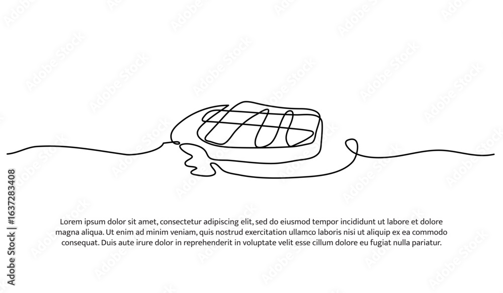 Poster one line of steak on the hotplate. abstract minimal continuous line.