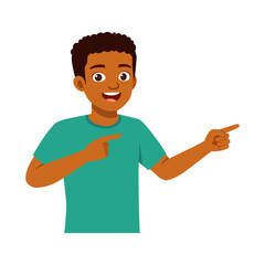 Cheerful African American boy pointing in same direction in illustration style