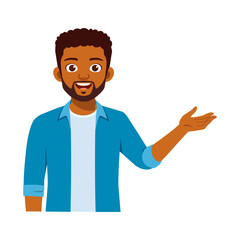 African American man in casual clothes presenting with open palm in isolated background