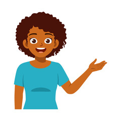 Smiling African American woman in blue shirt pointing or presenting with open hand illustration