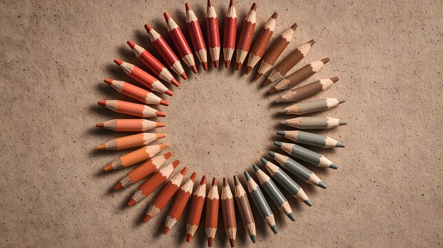 Flat lay of sharpened pencils forming circle on kraft paper background