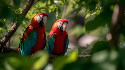 Fototapeta premium Two scarlet macaws perched on a branch.