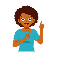 Smiling African American Girl Pointing Up and to the Side with a Curious Expression