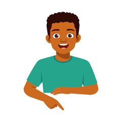 Smiling African American Boy Pointing Downward with Cheerful Expression, Wearing Green Shirt