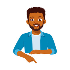African American man in blue shirt pointing down with a smiling face and happy mood