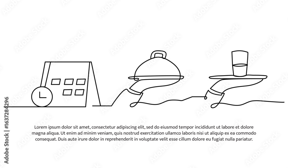 Poster continuous line design of when serving food and drinks. single line decorative element drawn on whit