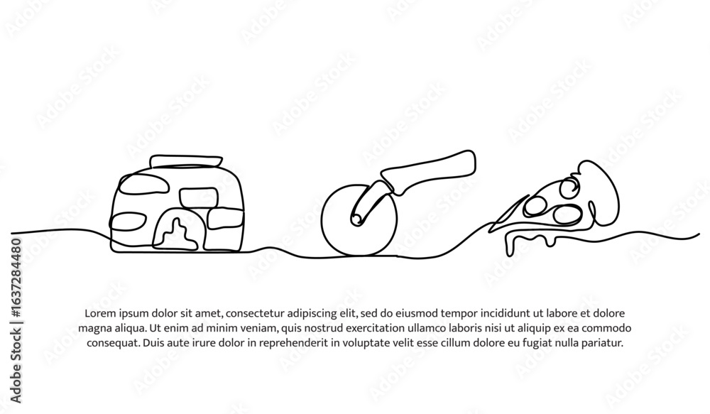 Poster continuous line design of pizza making. single line decorative element drawn on white.