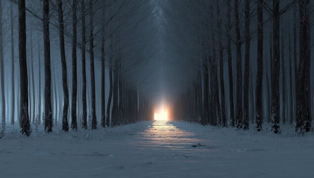 Snowy, winter forest path illuminated by a soft light - Powered by Adobe