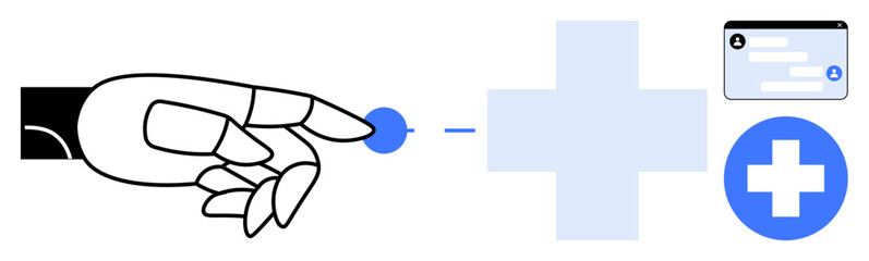 Fototapeta premium Robotic hand reaching toward blue medical cross, supported by medical card for identity and access verification. Ideal for healthcare, AI in medicine, innovation, technology, digital health