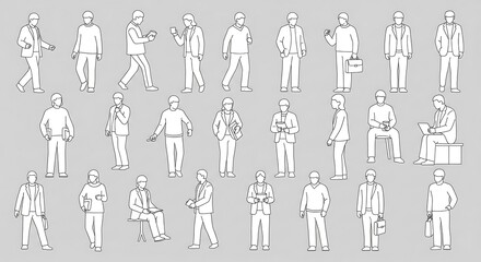 Various standing and sitting monochrome line art figures. People are shown in different poses, some holding objects like briefcases, phones, and books.
