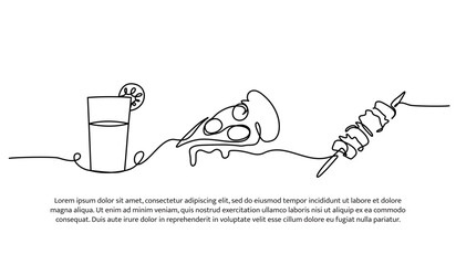 Continuous line design of food and drinks satay and pizza. Single line decorative element drawn on white.