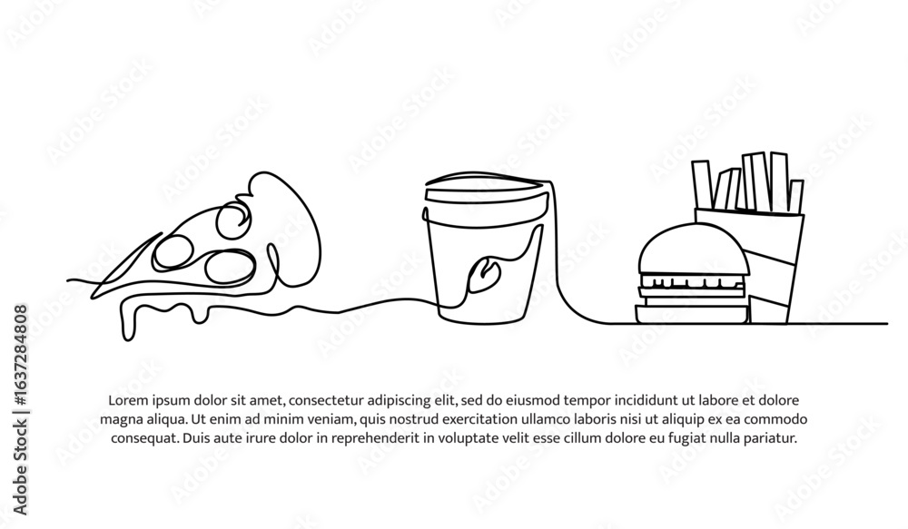 Poster continuous line design of fast food and drinks. single line decorative element drawn on white.