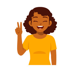 Happy African American Woman Showing Peace Sign with Smiling and Looking at Camera