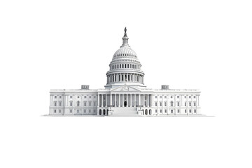 Fototapeta premium Full front view of a capitol building, white on black background. Classical style, dome, columns, steps