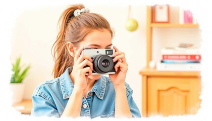 Naklejka premium Young woman taking photo with camera indoors in bright room 