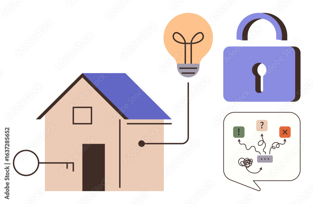 Poster house with a key and lightbulb, connected to a padlock and speech bubble showing decision paths. ide
