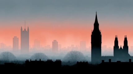 Fototapeta premium Silhouette cityscape with prominent clock tower and gothic spires against a hazy gradient sky