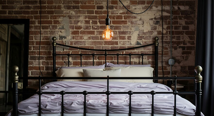 Industrial Style Bed with Black Metal Frame Brass Finials and Glowing Edison Bulb.
