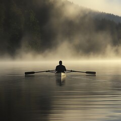 Silhouette of Rower on Foggy Lake at Sunrise