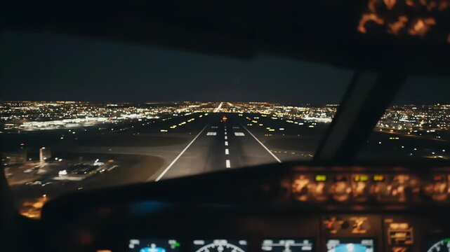 Night flight landing view from cockpit illuminated runway city lights dark