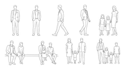 Line drawing of people. Includes standing men, a walking man, seated couples, a woman and children, and families. Simple, clean style.