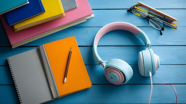 Overhead of clean school desk setup ready for online class with headphones and notebooks