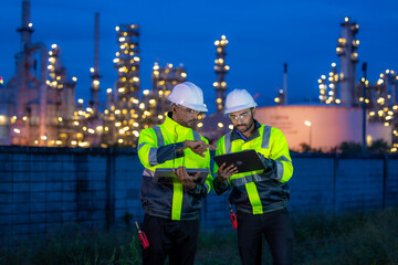 Team refinery engineer worker oil refinery petrochemical industrial plant at night, Team refinery...