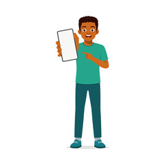 Happy African American boy presenting a tablet screen with a smile on isolated background