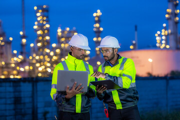 Fototapeta premium Team refinery engineer worker oil refinery petrochemical industrial plant at night, Team refinery engineer collaboration maintenance oil refinery plant, Teamwork engineer working petrochemical plant.