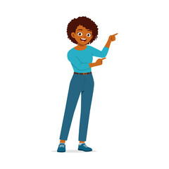 Smiling African American woman pointing sideways with both hands illustration