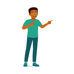 Happy African American boy pointing to the right and left side, wearing casual clothes on white