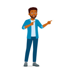 Smiling African American Man Pointing to the Side, Isolated on White Background, Wearing Casual Clothes