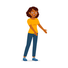 A happy African-American woman stands with open arms in yellow shirt and blue pants. Welcome