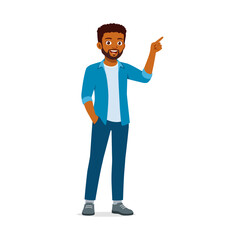 African American man pointing upwards while smiling wearing blue casual shirt