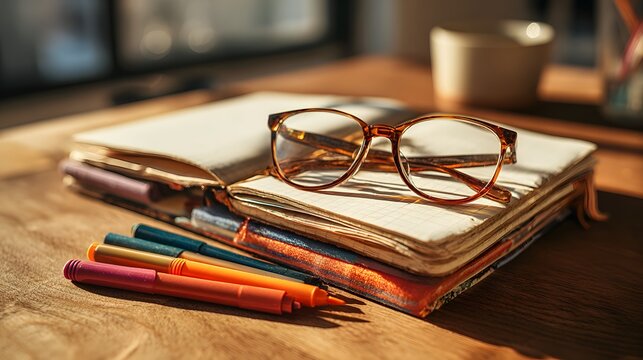 Set of open notebooks, markers, and glasses with warm lighting on wooden table - Powered by Adobe
