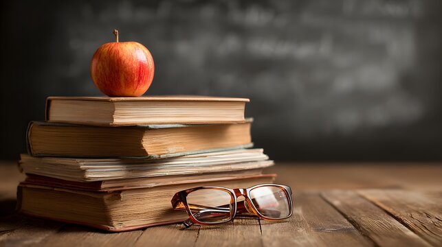 Stack of textbooks, apple, and glasses in classroom with blurred chalkboard