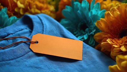 Blank orange tag on a blue shirt, surrounded by flowers
