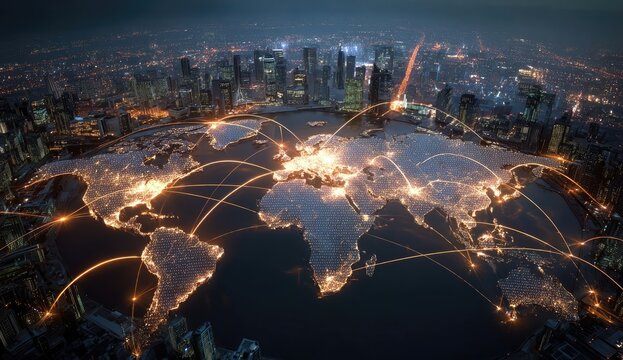 Global network map of illuminated world cities at night