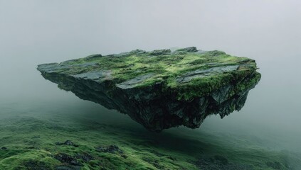 Floating rock island, mossy, misty, surreal landscape