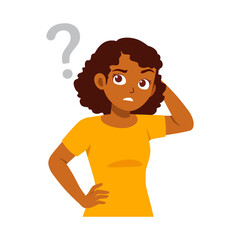 African American Woman Confused with Question Mark Illustration, Scratching Head in Confusion