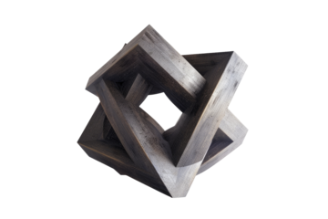 Dark gray, wooden, geometric, sculpture.  Intricate, overlapping squares.  Three-dimensional, optical illusion.  Abstract, artistic