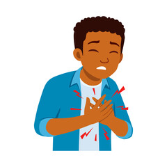 Young African American man with chest pain clutching his chest with pained expression.