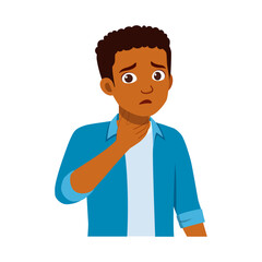 African American boy in blue shirt holds his neck due to illness, feeling pain