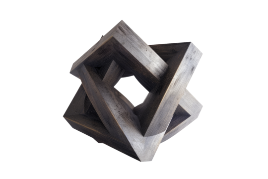 Dark gray, wooden, geometric, sculpture.  Intricate, overlapping squares.  Three-dimensional, optical illusion.  Abstract, artistic